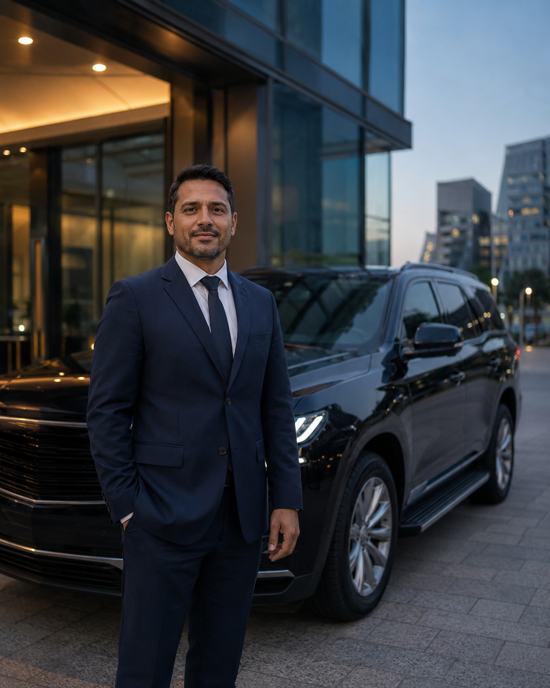 Motorista executivo ao lado de veículo premium